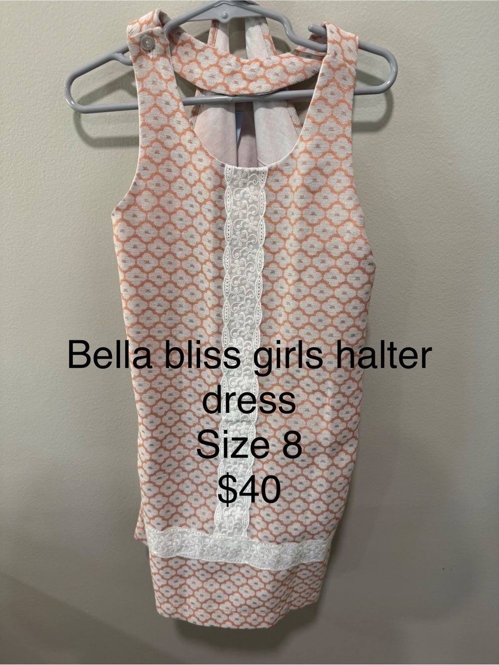 bella bliss Peach and White Halter Dress with Lace Trim